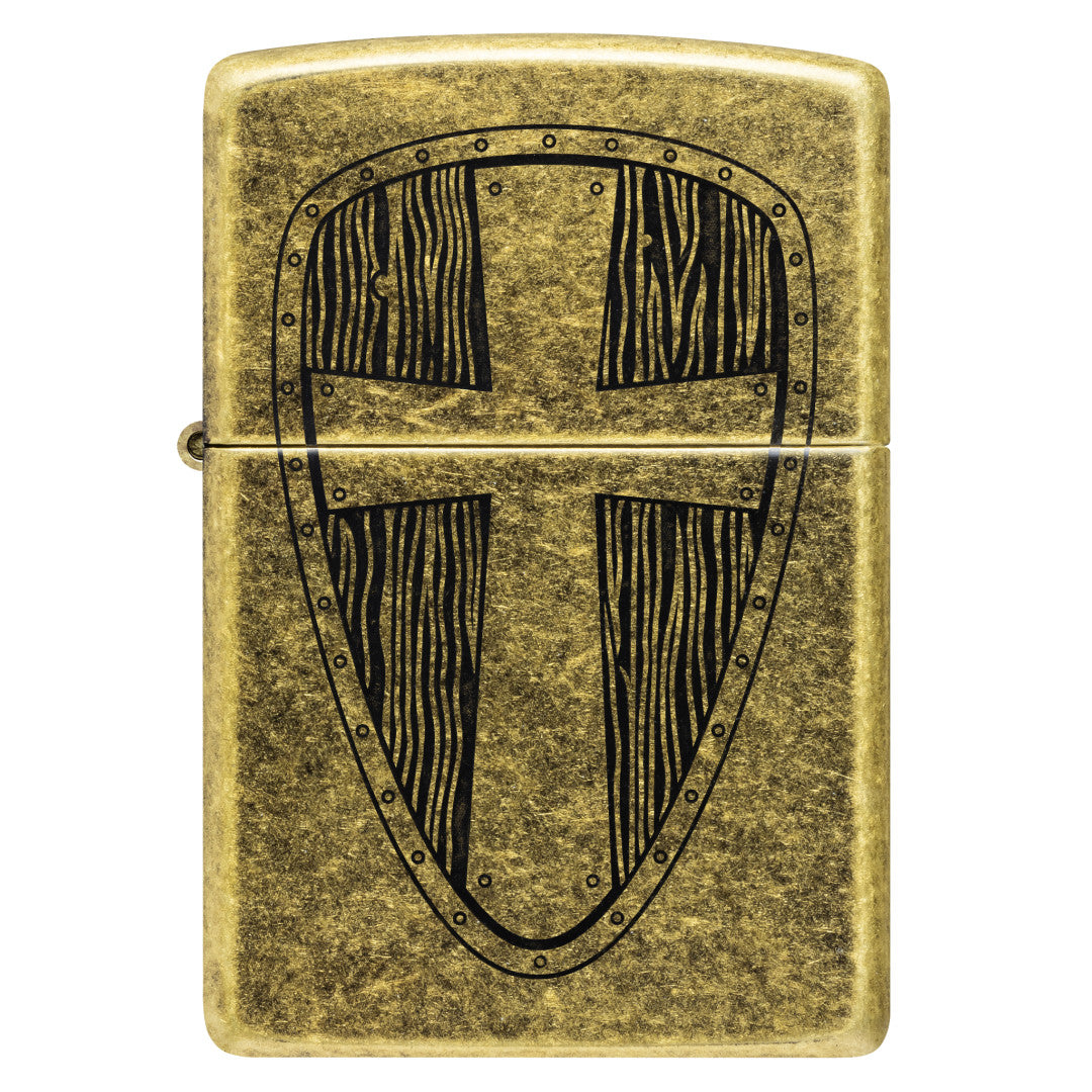 Front view of Zippo Medieval Shield Design Antique Brass Windproof Lighter.