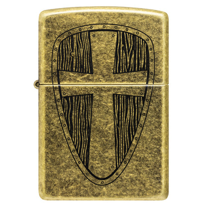 Front view of Zippo Medieval Shield Design Antique Brass Windproof Lighter.