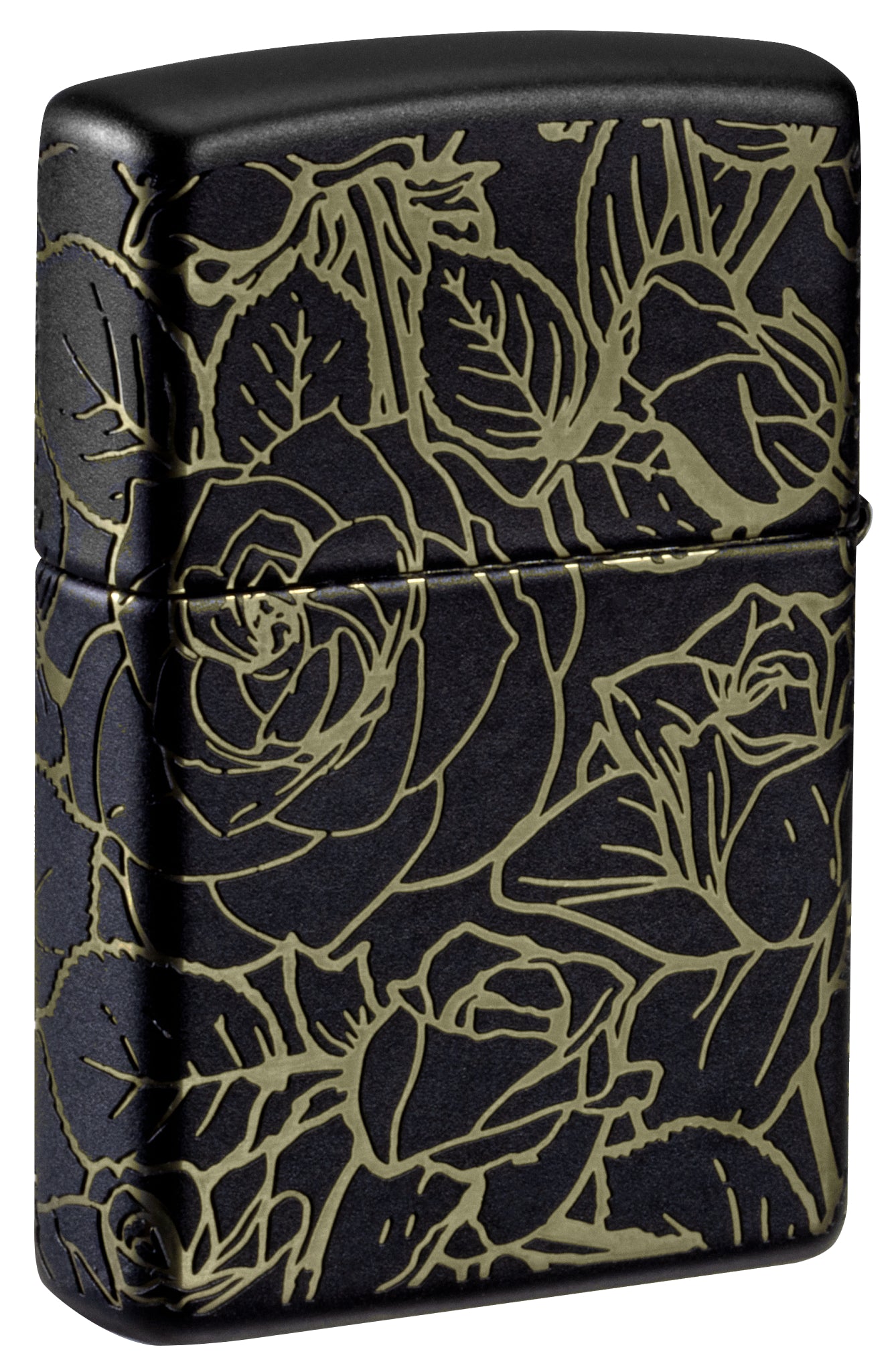 Back view of Zippo Queen of Bud 360° Roses Design Black Matte Windproof Lighter standing at a 3/4 angle.