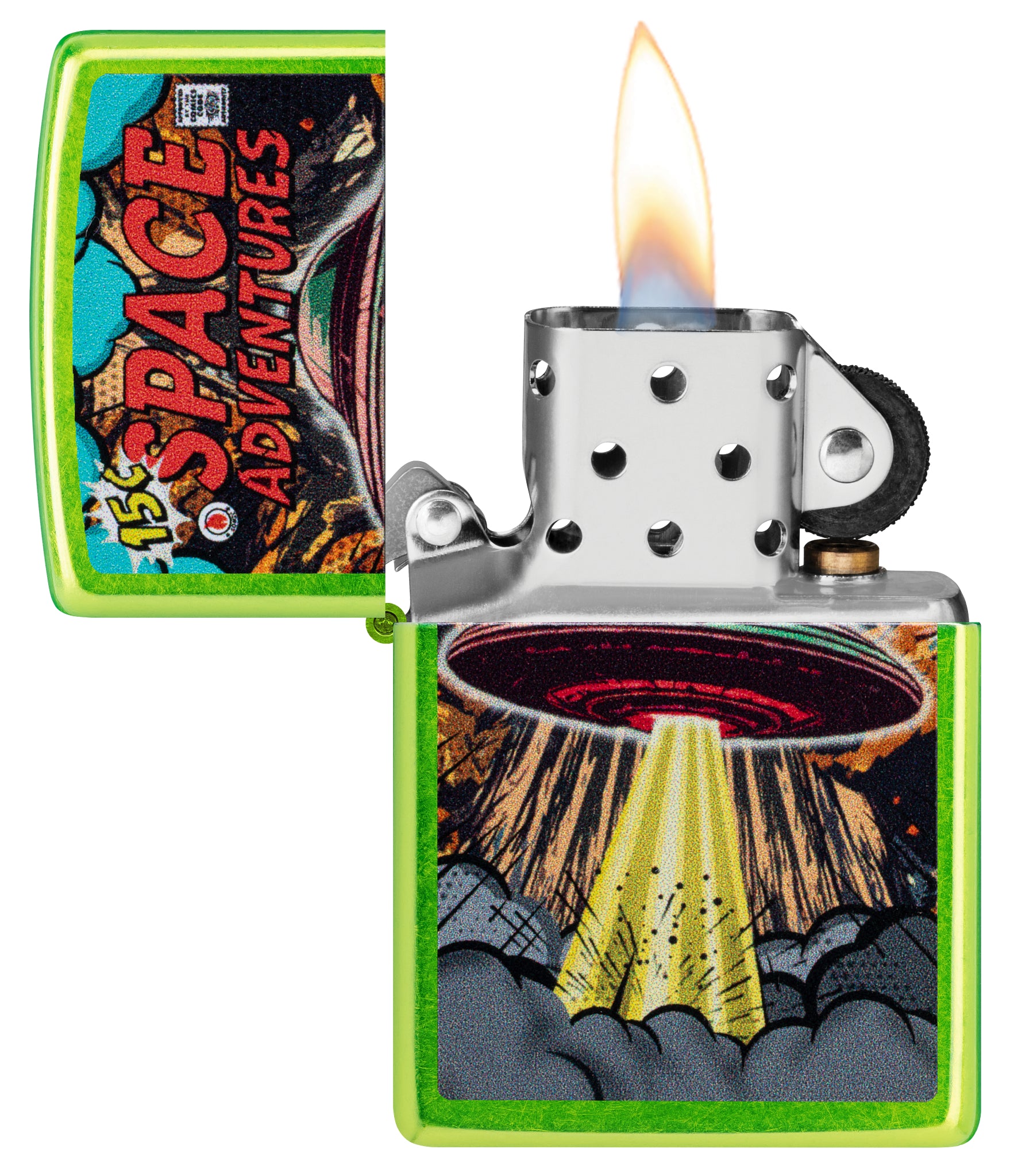 Zippo Space Adventures Design Classic Lurid Windproof Lighter with its lid open and lit.