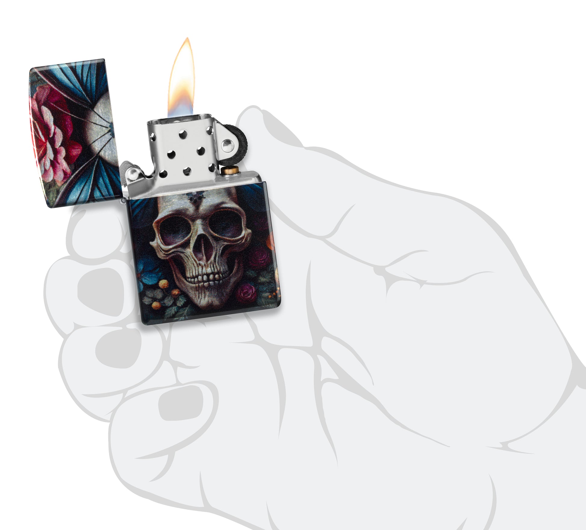 Zippo Butterfly Skull Design 540 Tumbled Chrome Windproof Lighter  lit in hand.