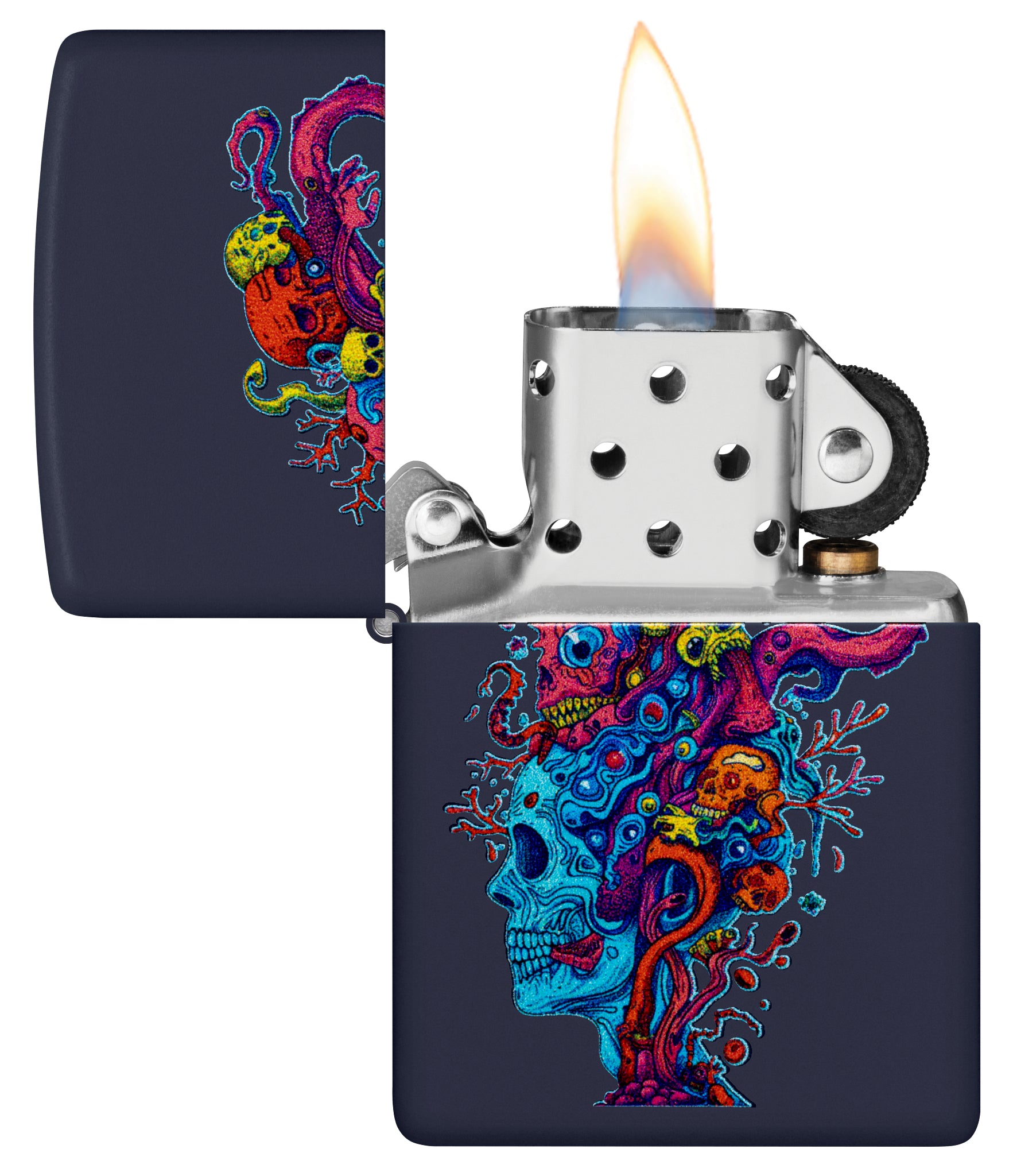 Zippo Skull Reef Design Navy Matte Windproof Lighter with its lid open and lit.