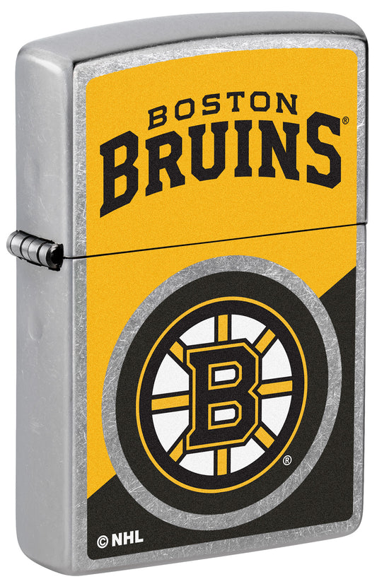 Front shot of Zippo NHL® Boston Bruins® 2024 Street Chrome™ Windproof Lighter standing at a 3/4 angle.