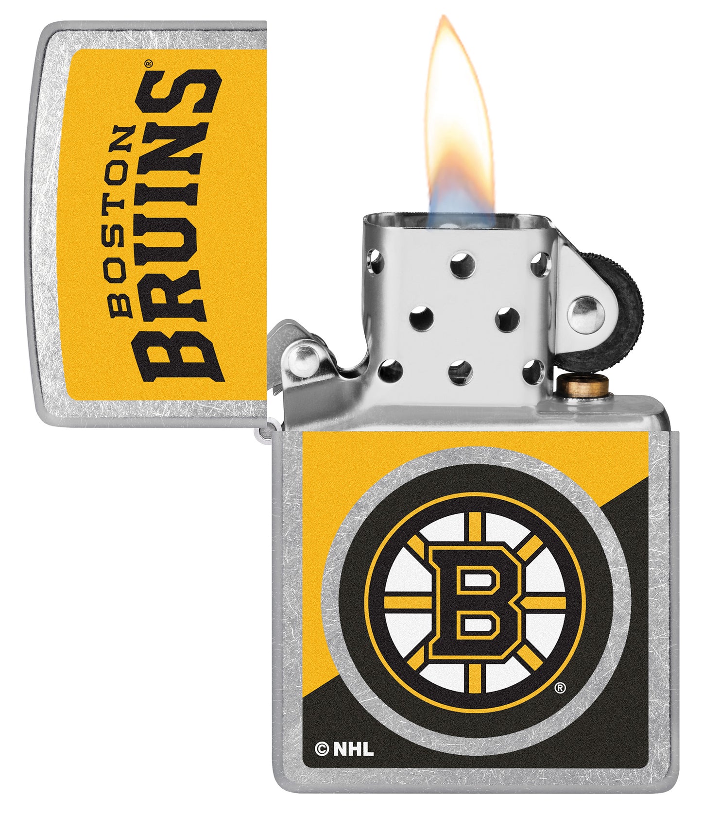 Zippo NHL® Boston Bruins® 2024 Street Chrome™ Windproof Lighter with its lid open and lit.