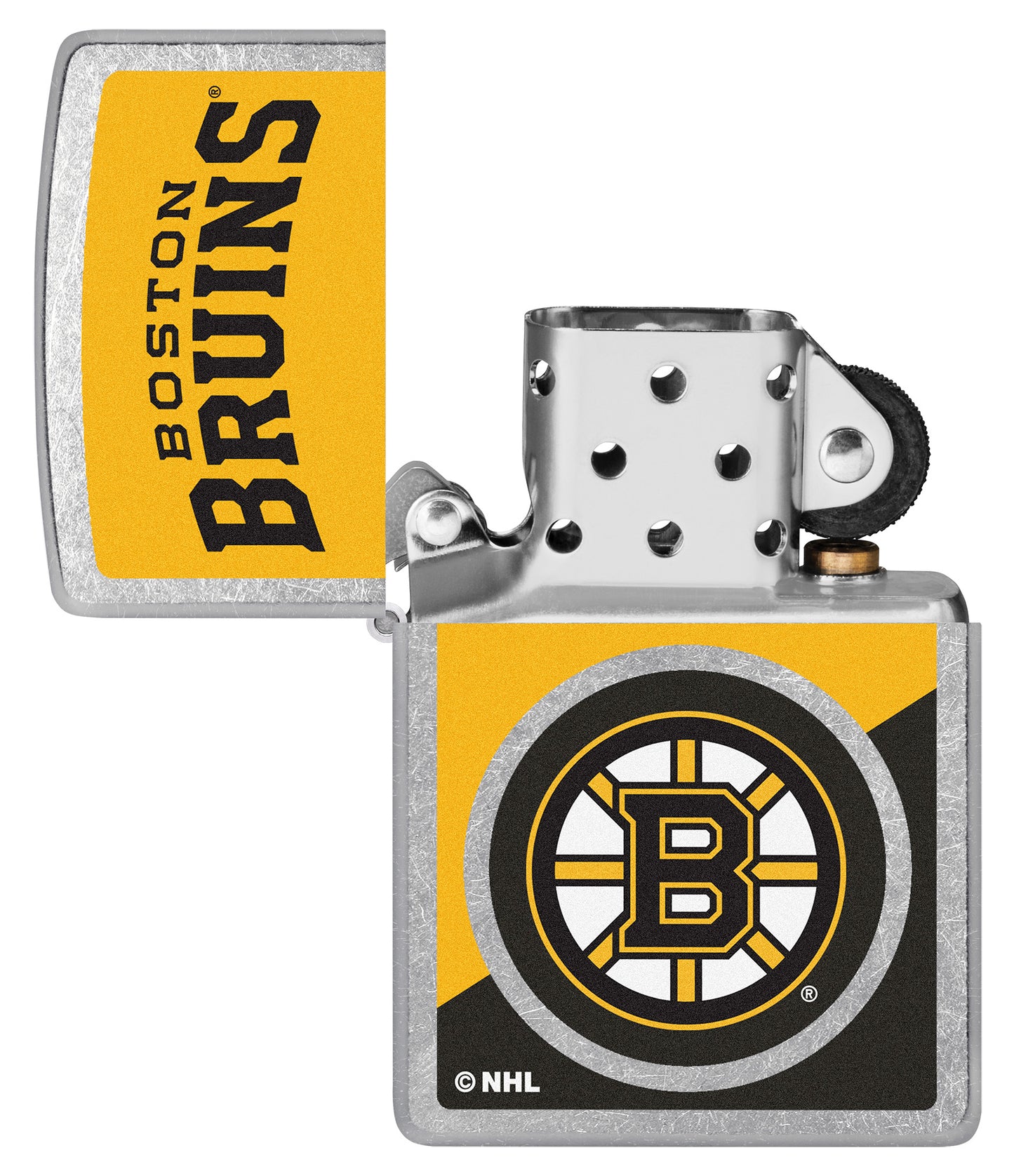 Zippo NHL® Boston Bruins® 2024 Street Chrome™ Windproof Lighter with its lid open and unlit.