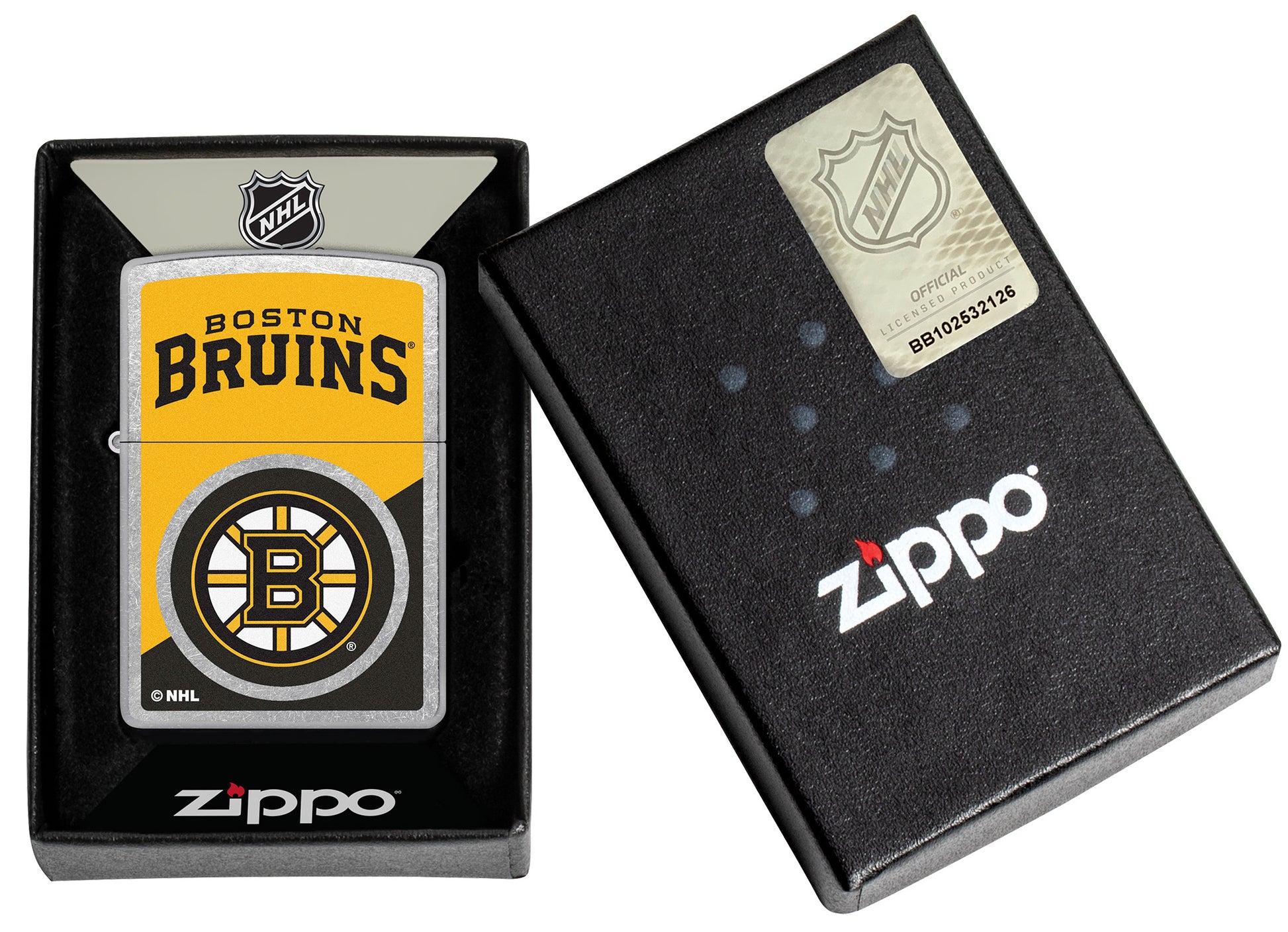 Zippo NHL® Boston Bruins® 2024 Street Chrome™ Windproof Lighter in its packaging.