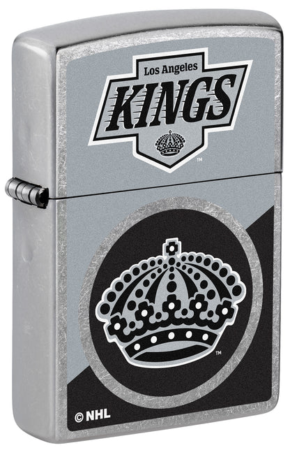 Front shot of Zippo NHL® LA Kings® 2024 Street Chrome™ Windproof Lighter standing at a 3/4 angle.