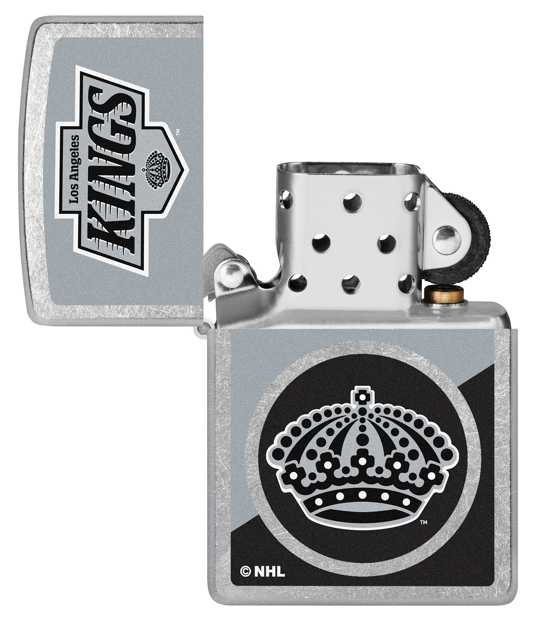 Zippo NHL® LA Kings® 2024 Street Chrome™ Windproof Lighter with its lid open and unlit.