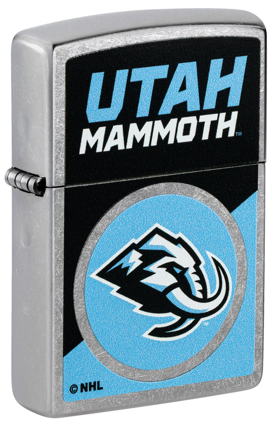 Front shot of Utah Mammoth™ Colorblock Logo Design Street Chrome Windproof Lighter standing at a 3/4 angle.
