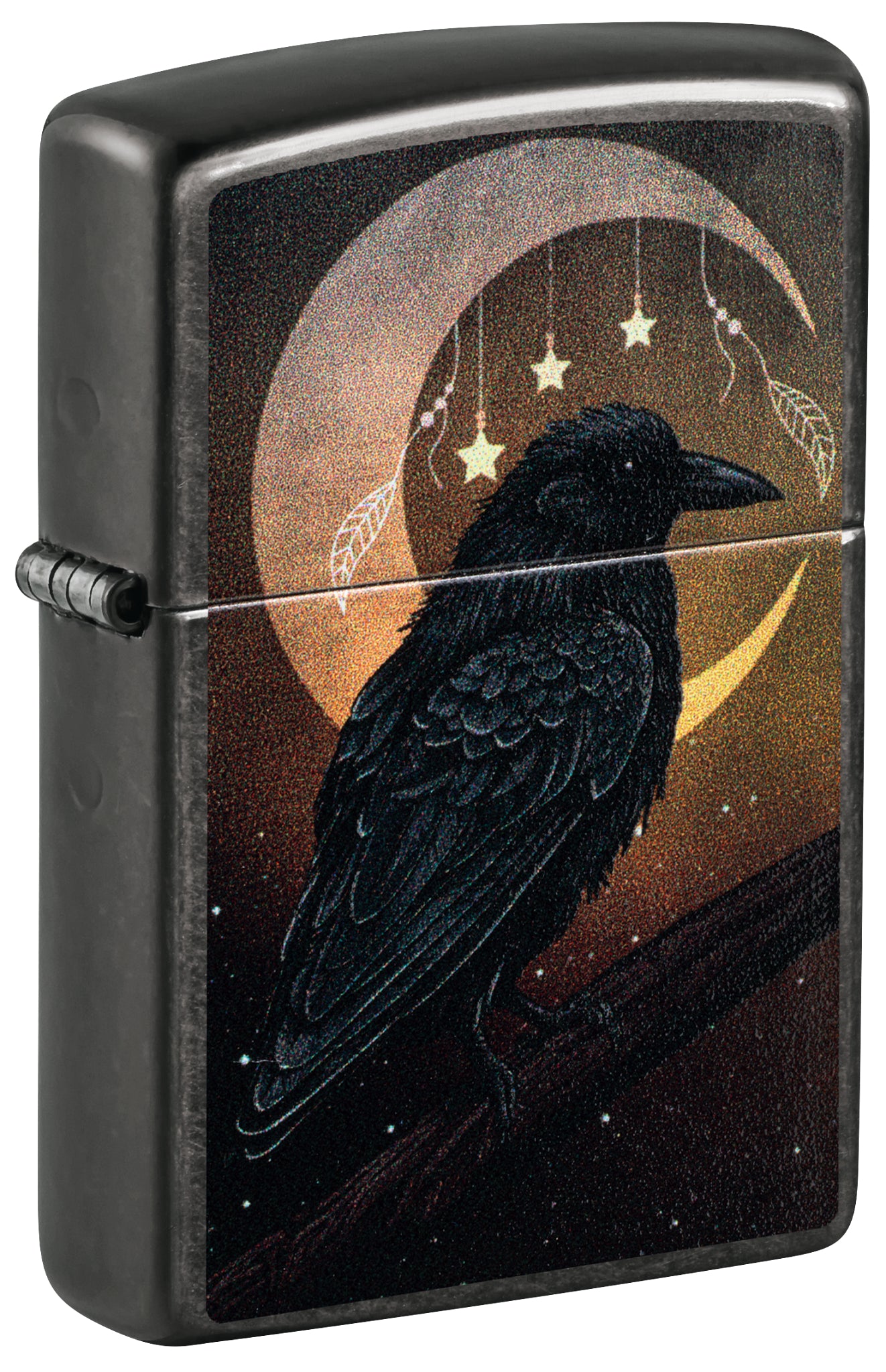Front shot of Zippo Raven Moon Design Grey Windproof Lighter standing at a 3/4 angle.