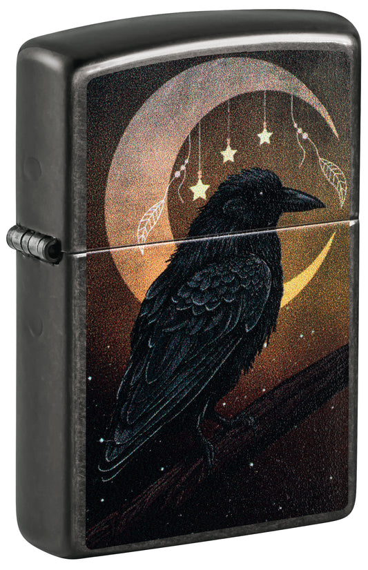 Front shot of Zippo Raven Moon Design Grey Windproof Lighter standing at a 3/4 angle.