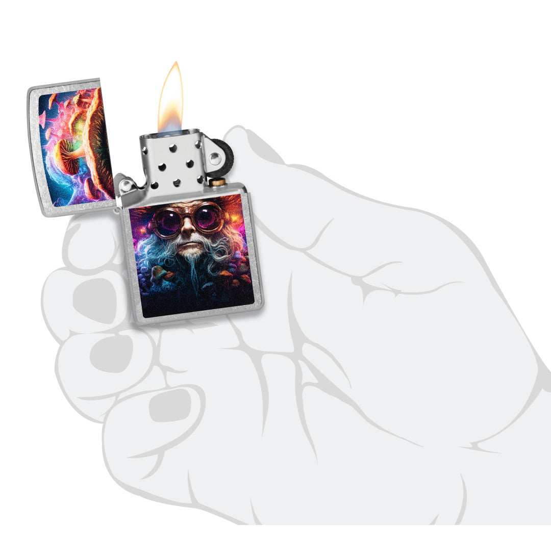 Zippo Mushroom Man Design Street Chrome Windproof Lighter lit in hand.