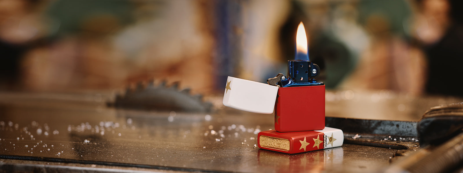 America's 250th Limited Edition lighters on a table saw.