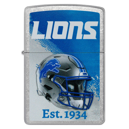Front view of Zippo NFL Detroit Lions Helmet Design Street Chrome Windproof Lighter.