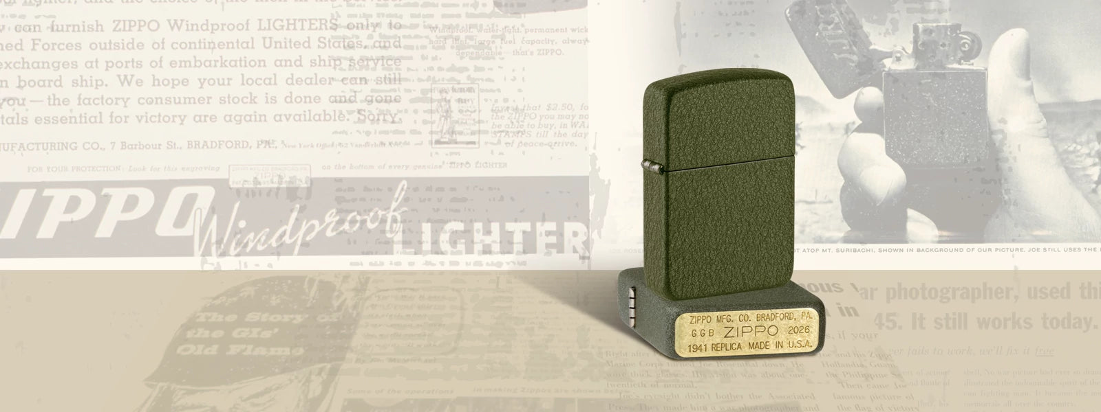 Green Zippo lighter on a textured surface with 'Zippo' branding in the background.