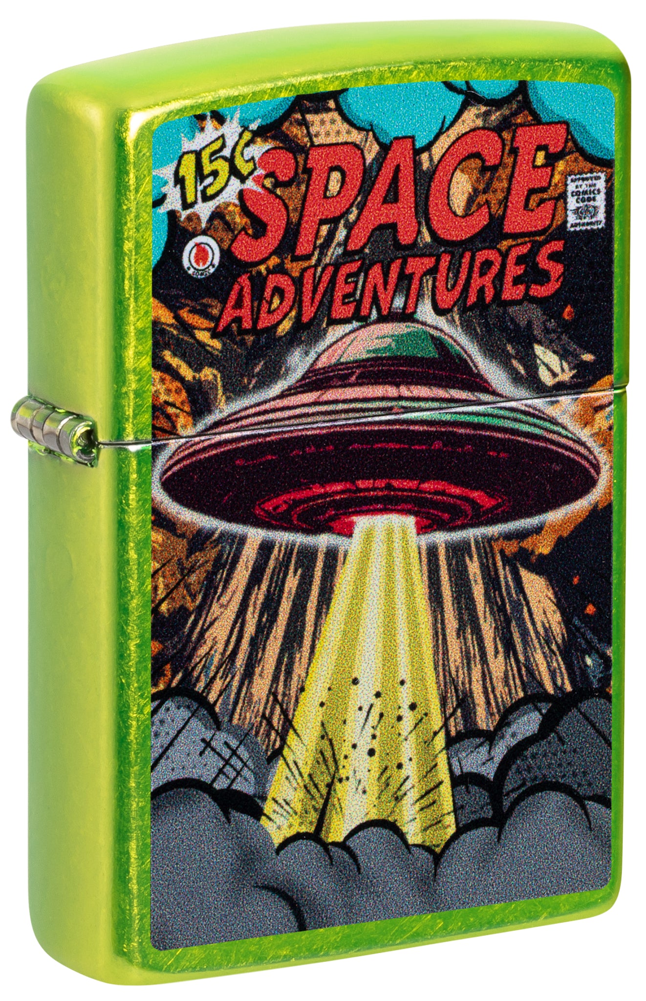 Front shot of Zippo Space Adventures Design Classic Lurid Windproof Lighter standing at a 3/4 angle.