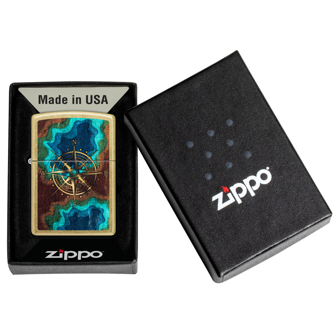 Zippo Topo Compass Design Street Brass Windproof Lighter in its packaging.