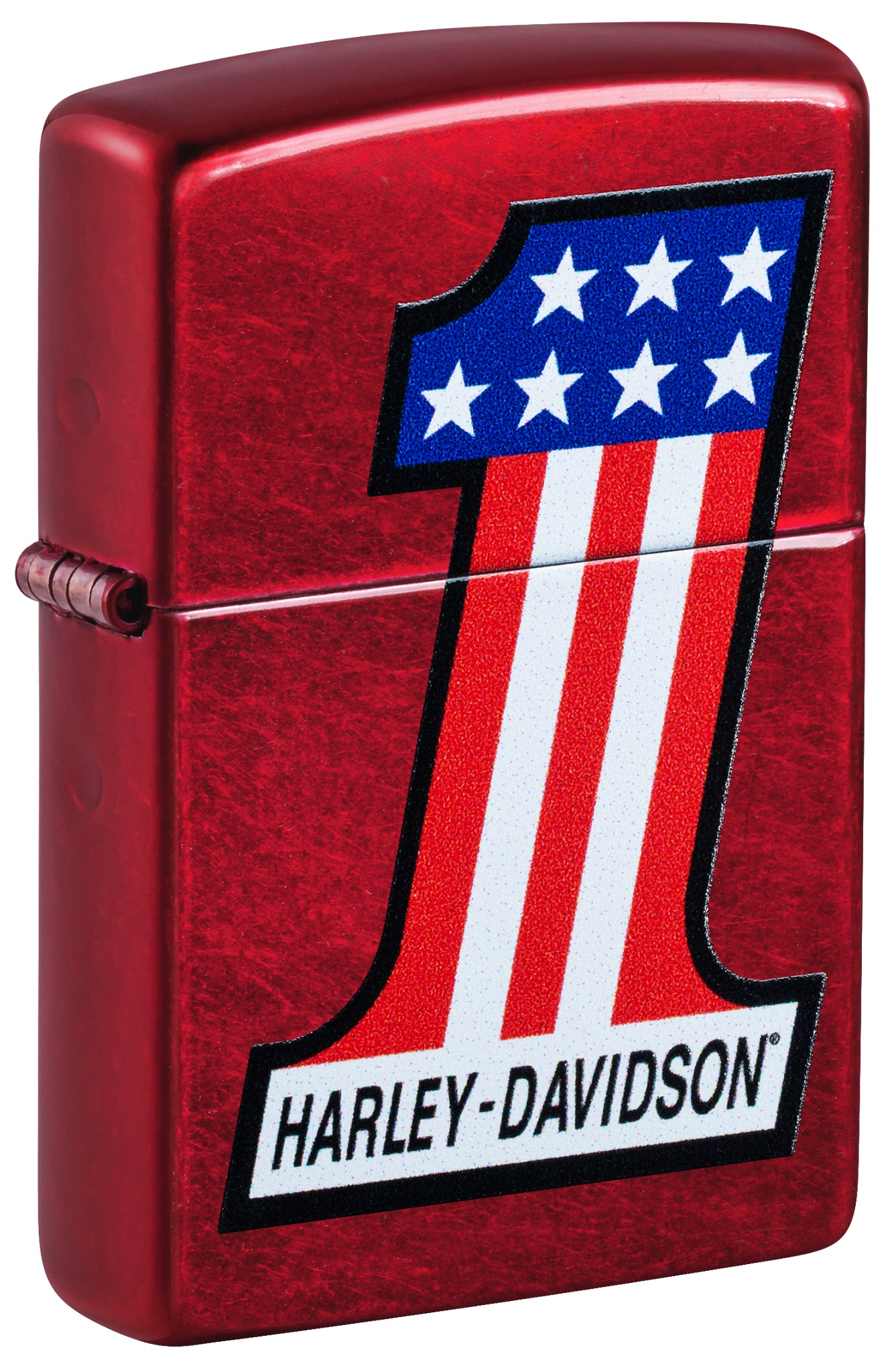 Front shot of Zippo Harley-Davidson® #1 Logo Design Candy Apple Red Windproof Lighter standing at a 3/4 angle.