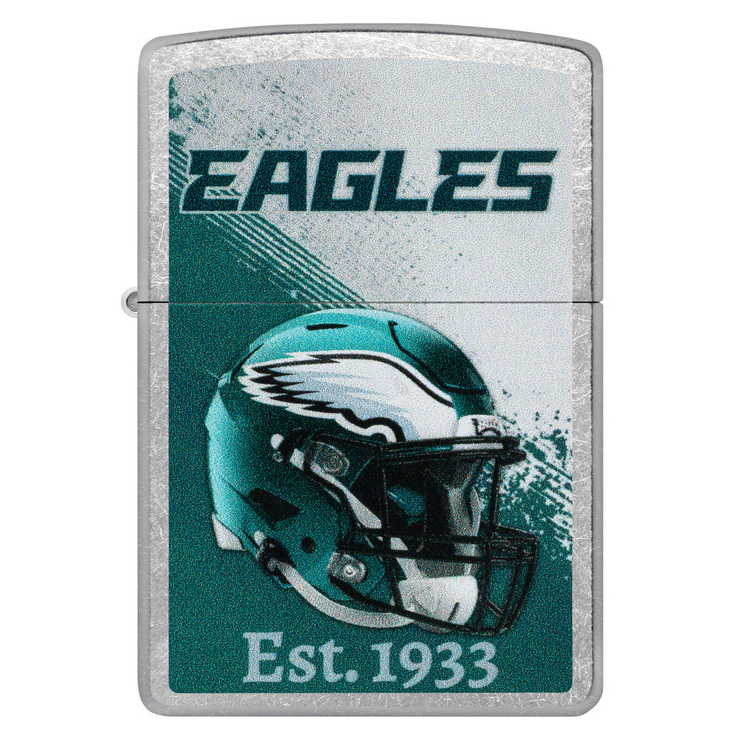 Front view of Zippo NFL Philadelphia Eagles Helmet Design Street Chrome Windproof Lighter.