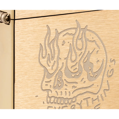 Front view of Zippo Everything's Fine Design Vintage Brushed Brass Windproof Lighter close up to show the detail of the lighter.