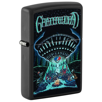 Front shot of Zippo Grateful Dead Black Light UFO Design Black Matte Windproof Lighter standing at a 3/4 angle.