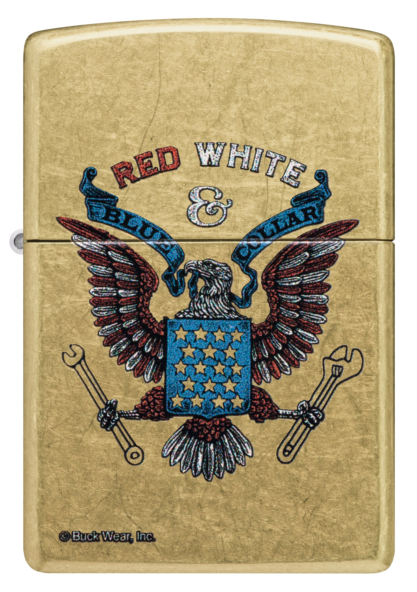 Front view of Zippo Buck Wear Red White & Blue Collar Design Street Brass Windproof Lighter.