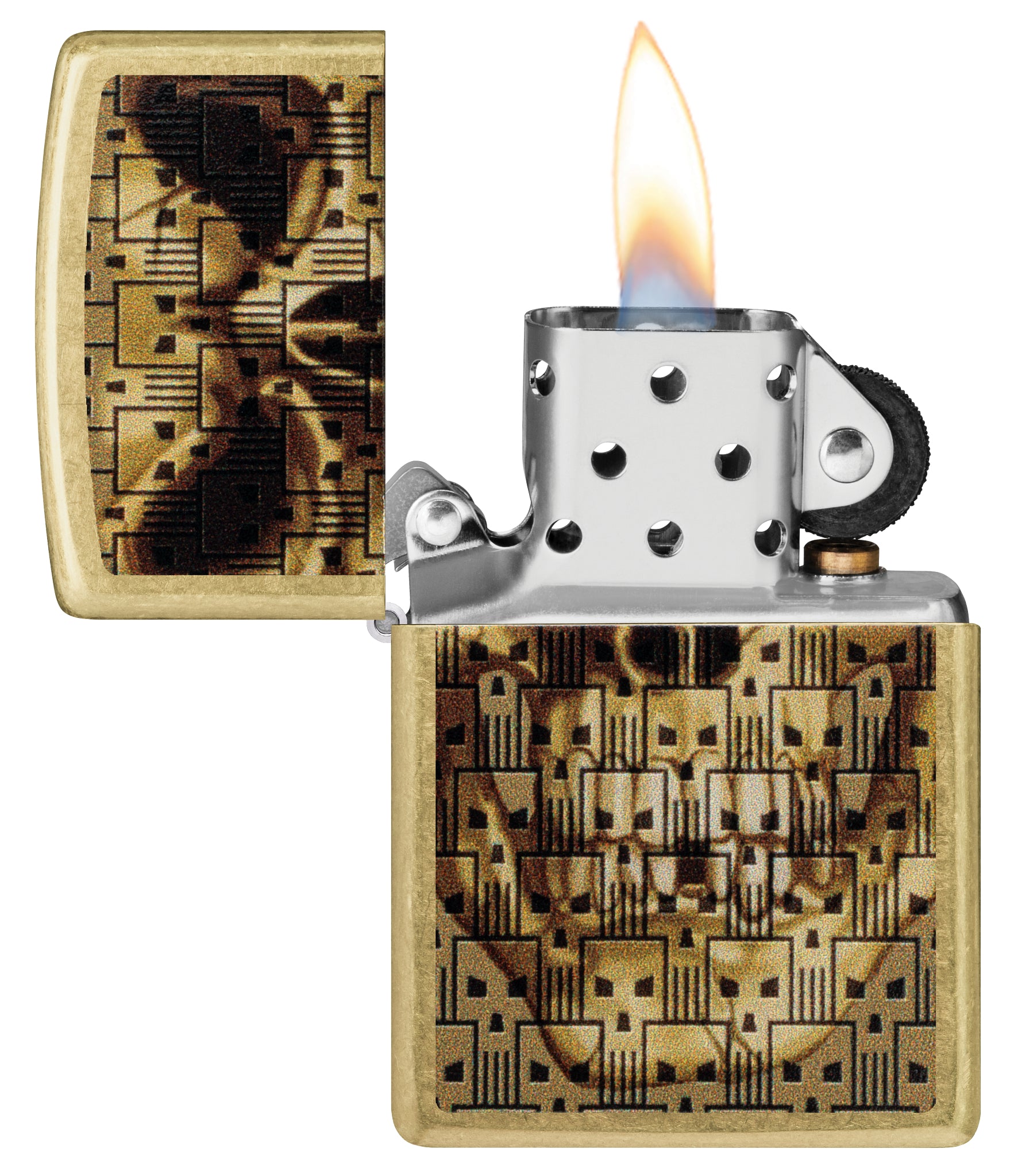 Zippo Skulls on Skulls Design Street Brass Windproof Lighter with its lid open and lit.
