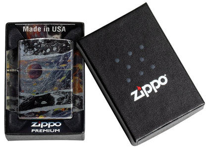 Zippo Fusion Galaxy Design 540 Tumbled Chrome Windproof Lighter in its packaging.
