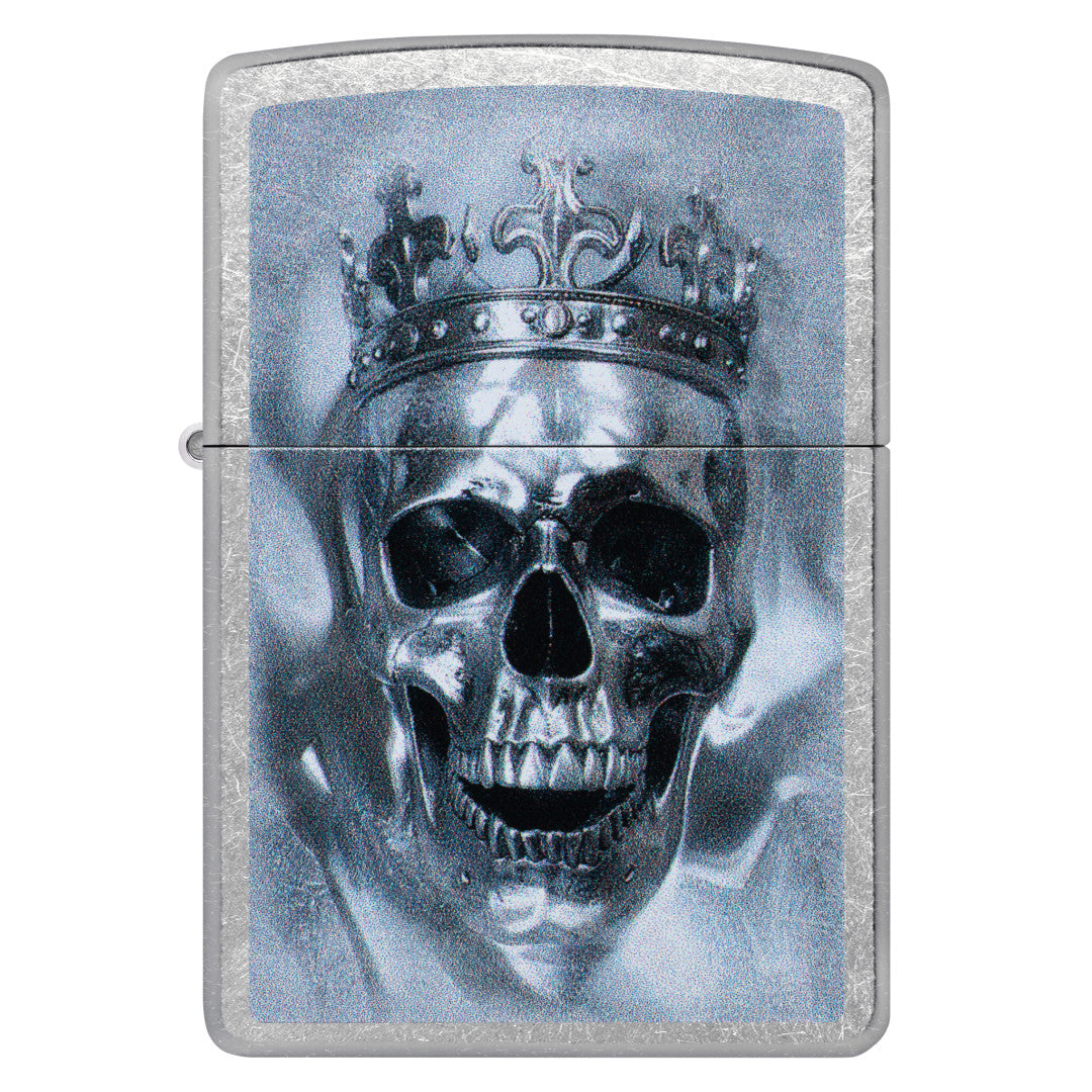 Front view of Zippo King Cranium Design Street Chrome Windproof Lighter.