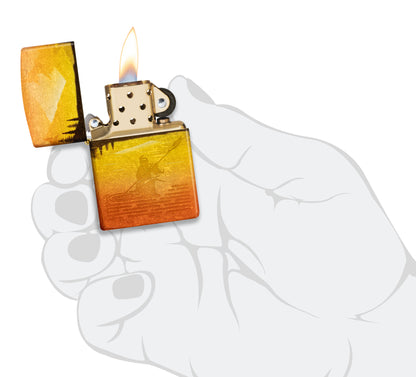 Zippo Fishing Fusion Design 540 Tumbled Brass Windproof Lighter lit in hand.