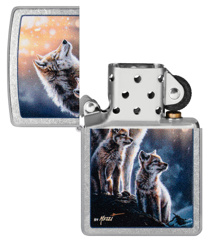 Zippo Mazzi® Wolf Pack Design Street Chrome Windproof Lighter with its lid open and unlit.