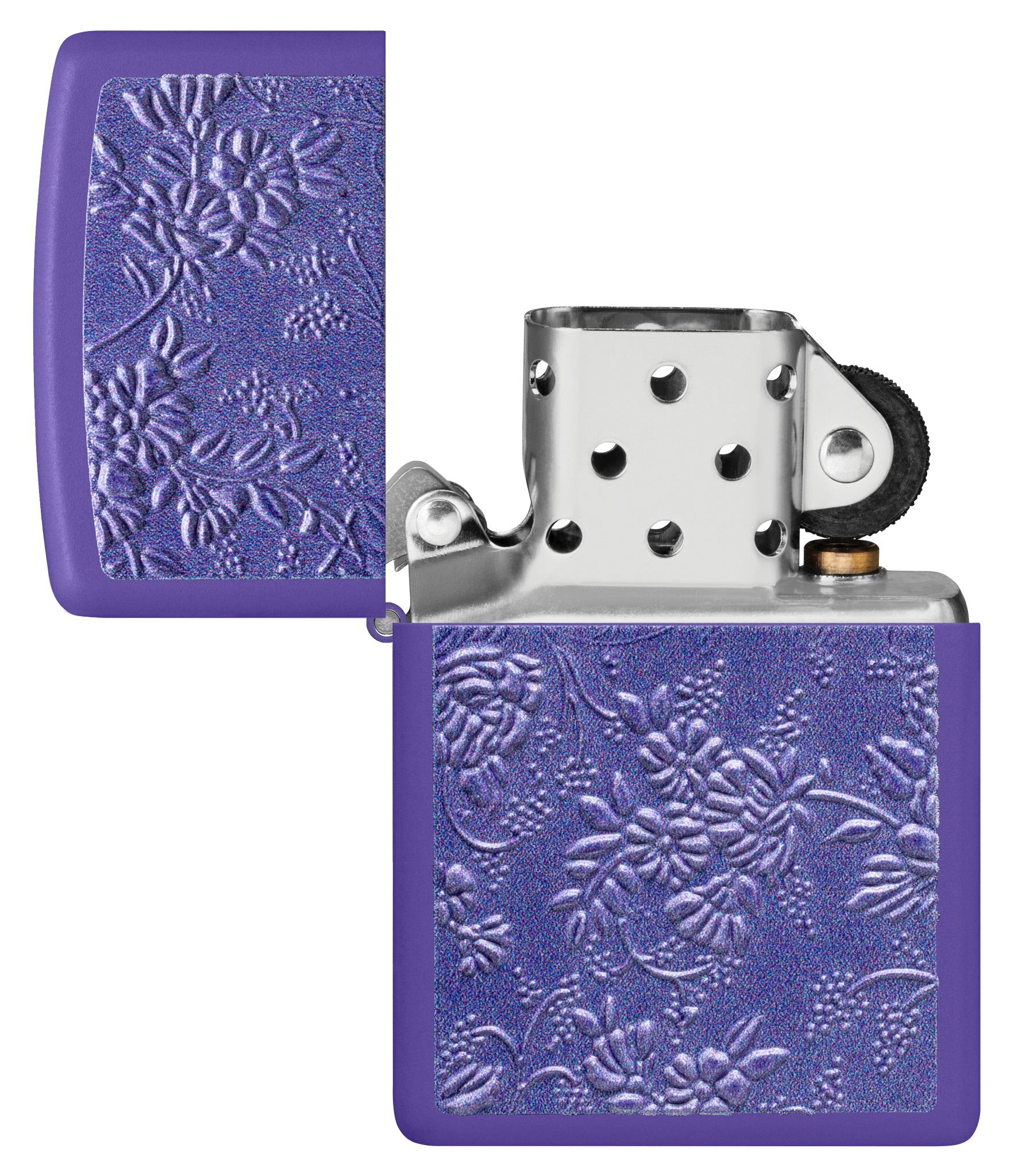 Zippo Texture Bouquet Design Purple Matte Windproof Lighter with its lid open and unlit.