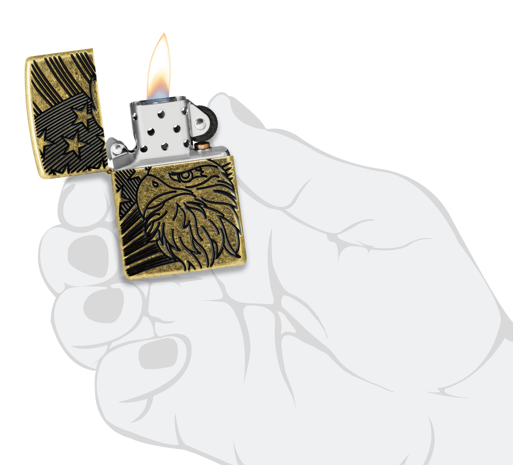 Zippo Eagle and Flag Design Armor® Antique Brass Windproof Lighter lit in hand.
