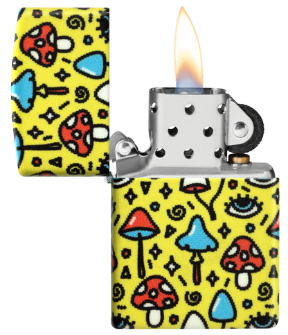 Zippo Eye Spy Design Glow-in-the-Dark Green Windproof Lighter with its lid open and lit.