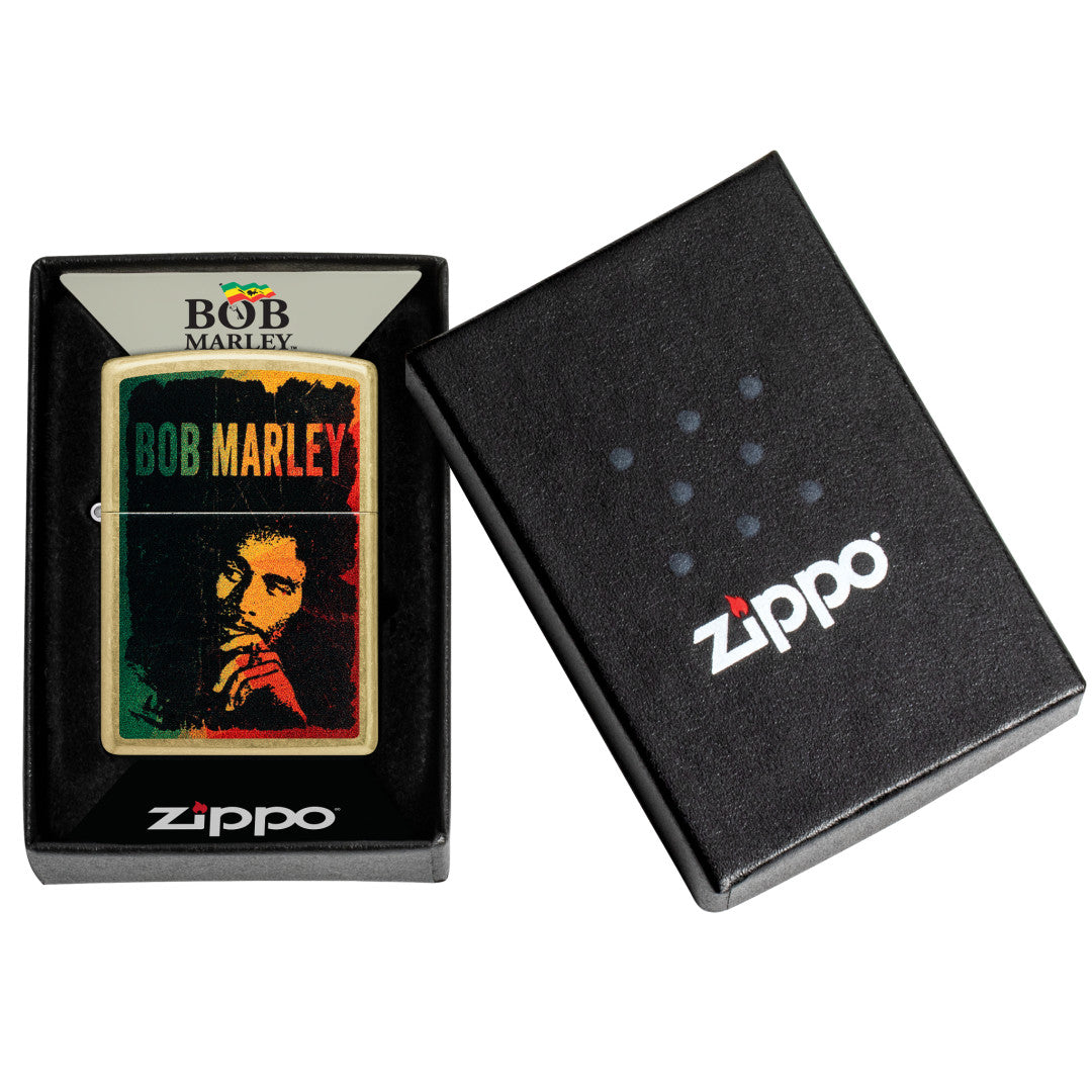 Zippo Bob Marley Portrait Design Street Brass Windproof Lighter in its packaging.