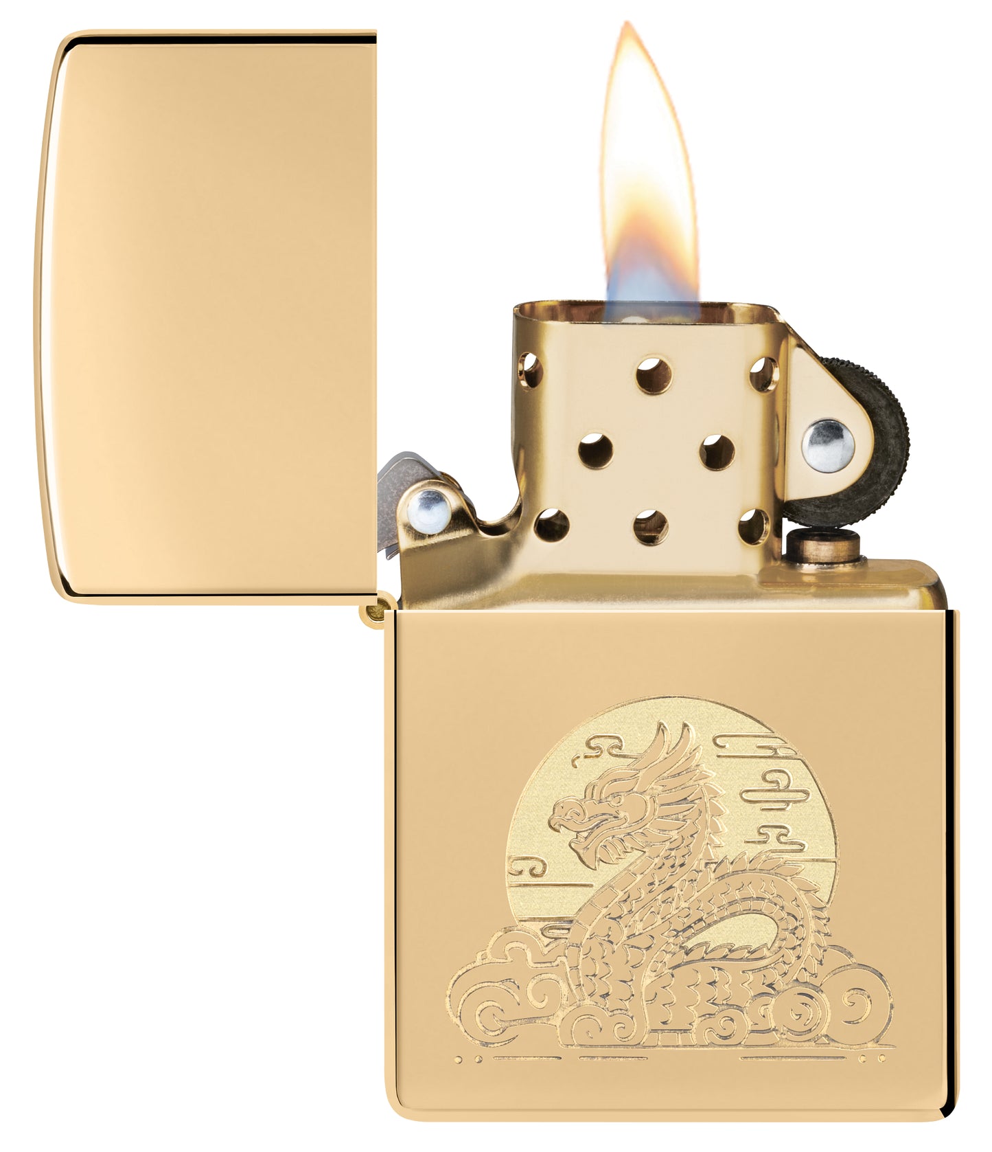 Zippo Moon Dragon Design High Polish Brass Windproof Lighter with its lid open and lit.