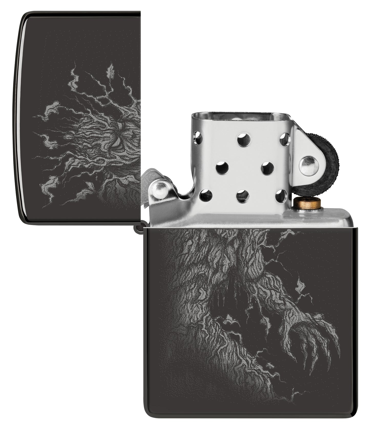 Zippo Root of All Evil Design High Polish Black Windproof Lighter with its lid open and unlit.