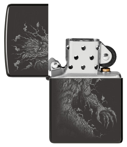 Zippo Root of All Evil Design High Polish Black Windproof Lighter with its lid open and unlit.