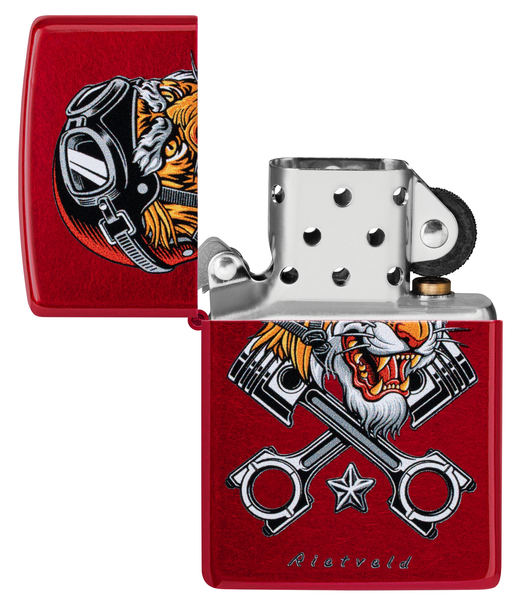 Zippo Rietveld Tiger Design Candy Apple Red Windproof Lighter with its lid open and unlit.