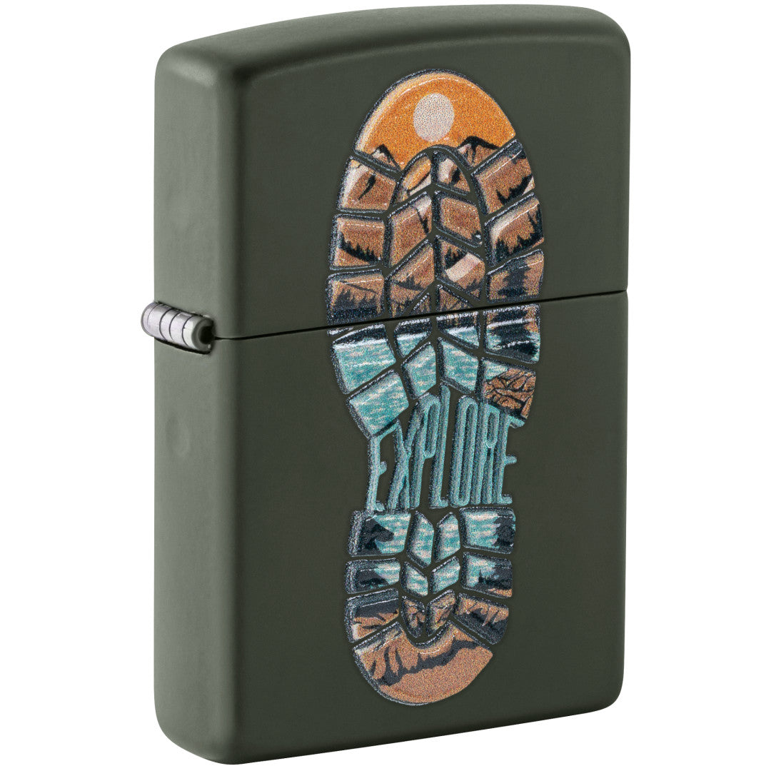 Front shot of Zippo Step Out Design Green Matte Windproof Lighter standing at a 3/4 angle.