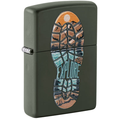 Front shot of Zippo Step Out Design Green Matte Windproof Lighter standing at a 3/4 angle.