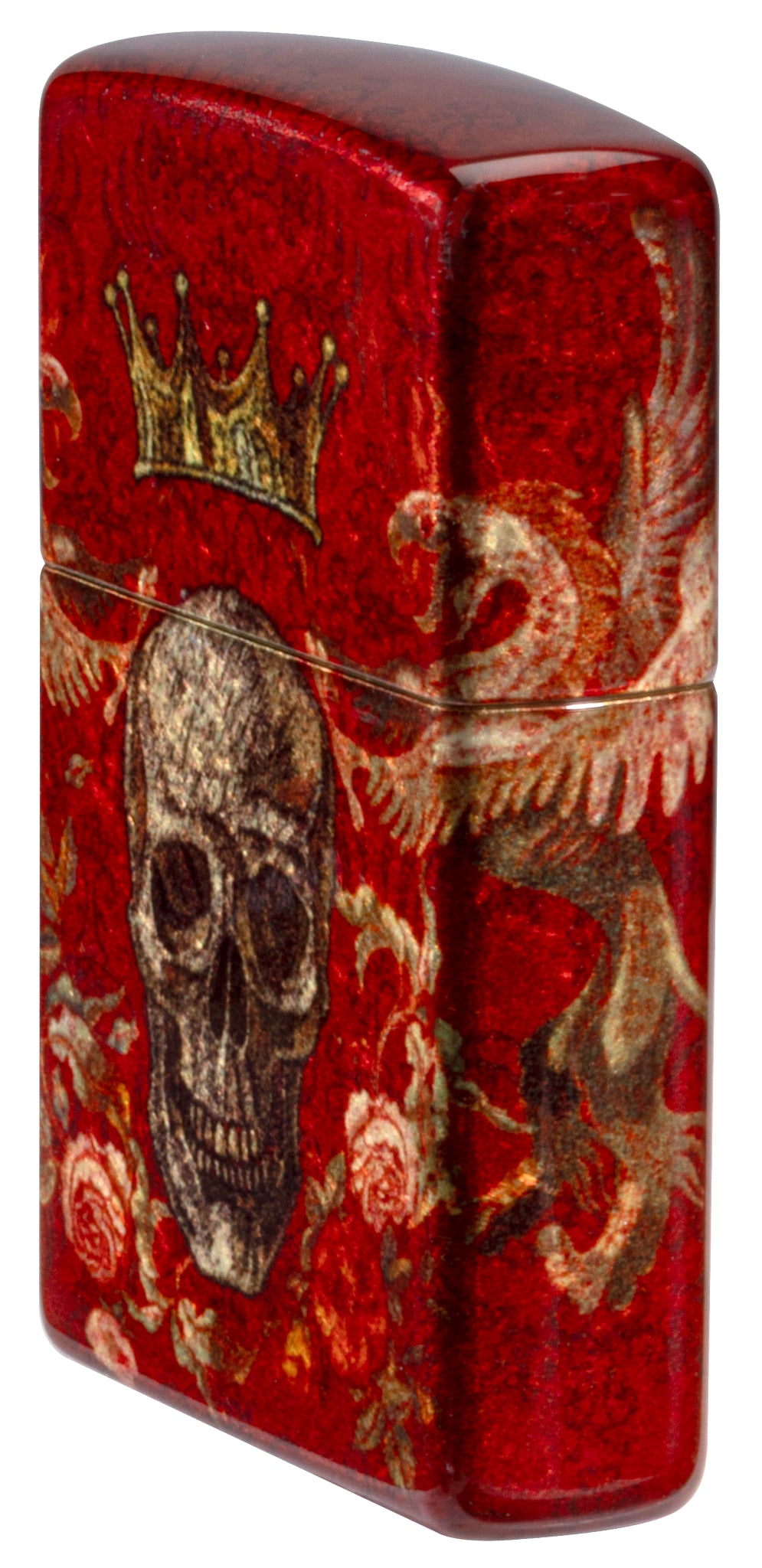 Angled shot of  Zippo Skull Heraldry Design Tumbled Brass Windproof Lighter showing the front and non-hinge side of the lighter.