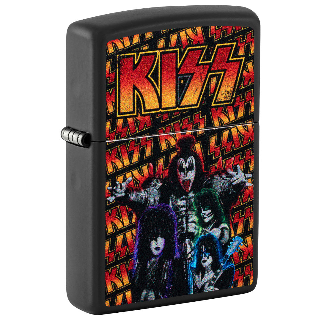 Front shot of Zippo KISS® Poster Design Black Matte Windproof Lighter standing at a 3/4 angle.