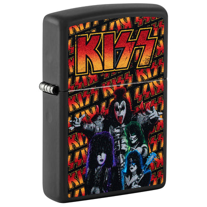Front shot of Zippo KISS® Poster Design Black Matte Windproof Lighter standing at a 3/4 angle.