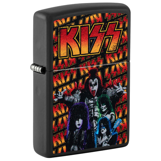Front shot of Zippo KISS® Poster Design Black Matte Windproof Lighter standing at a 3/4 angle.