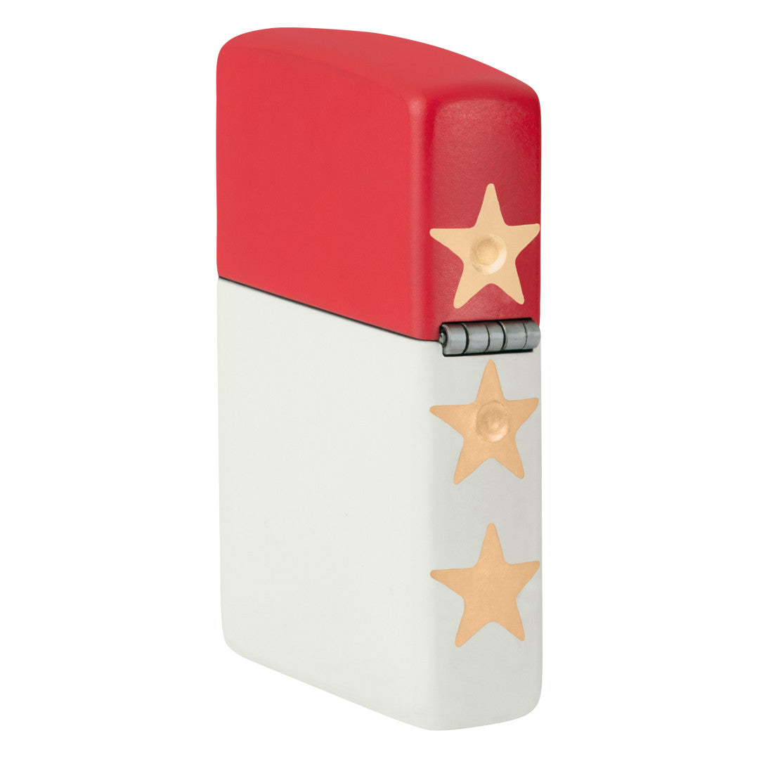 Angled shot of  Zippo 250th Anniversary Collectible Red and White Matte Windproof Lighter showing the back and hinge side of the lighter.