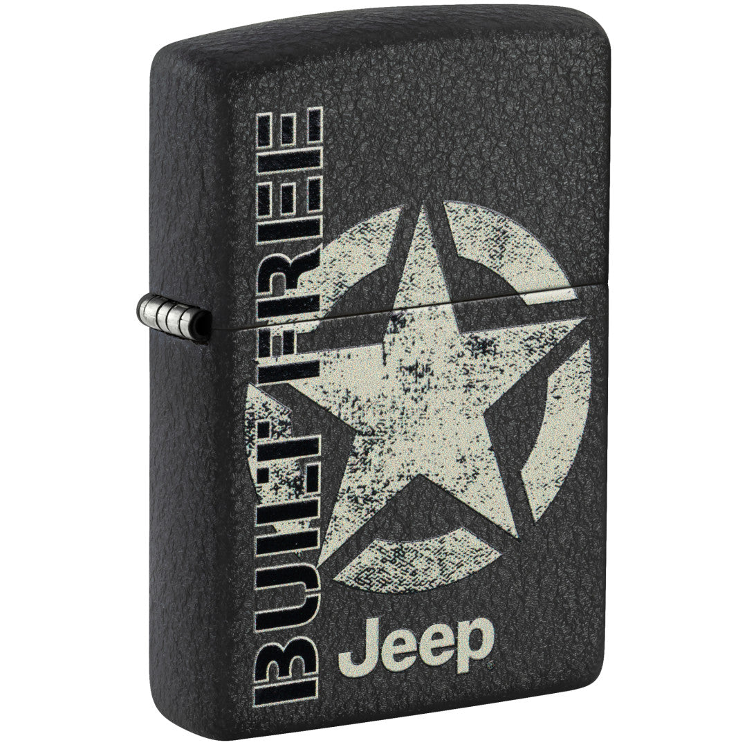 Front shot of Zippo Jeep® Freedom Star Design Black Crackle Windproof Lighter standing at a 3/4 angle.