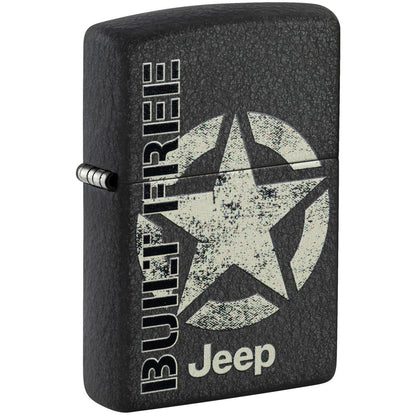 Front shot of Zippo Jeep® Freedom Star Design Black Crackle Windproof Lighter standing at a 3/4 angle.