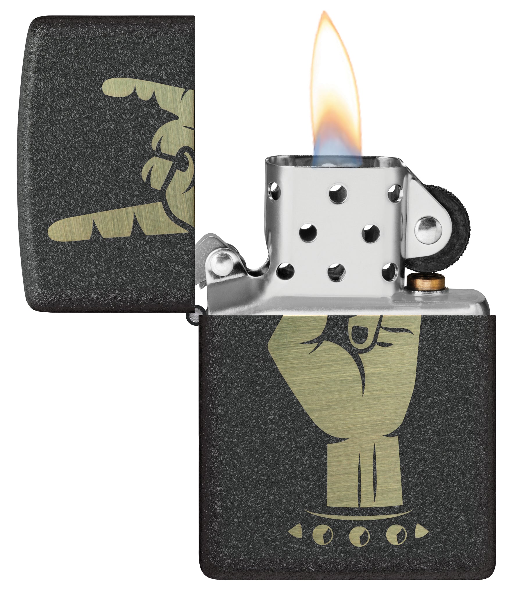 Zippo Rock On Design Black Crackle® Windproof Lighter with its lid open and lit.