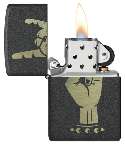 Zippo Rock On Design Black Crackle® Windproof Lighter with its lid open and lit.